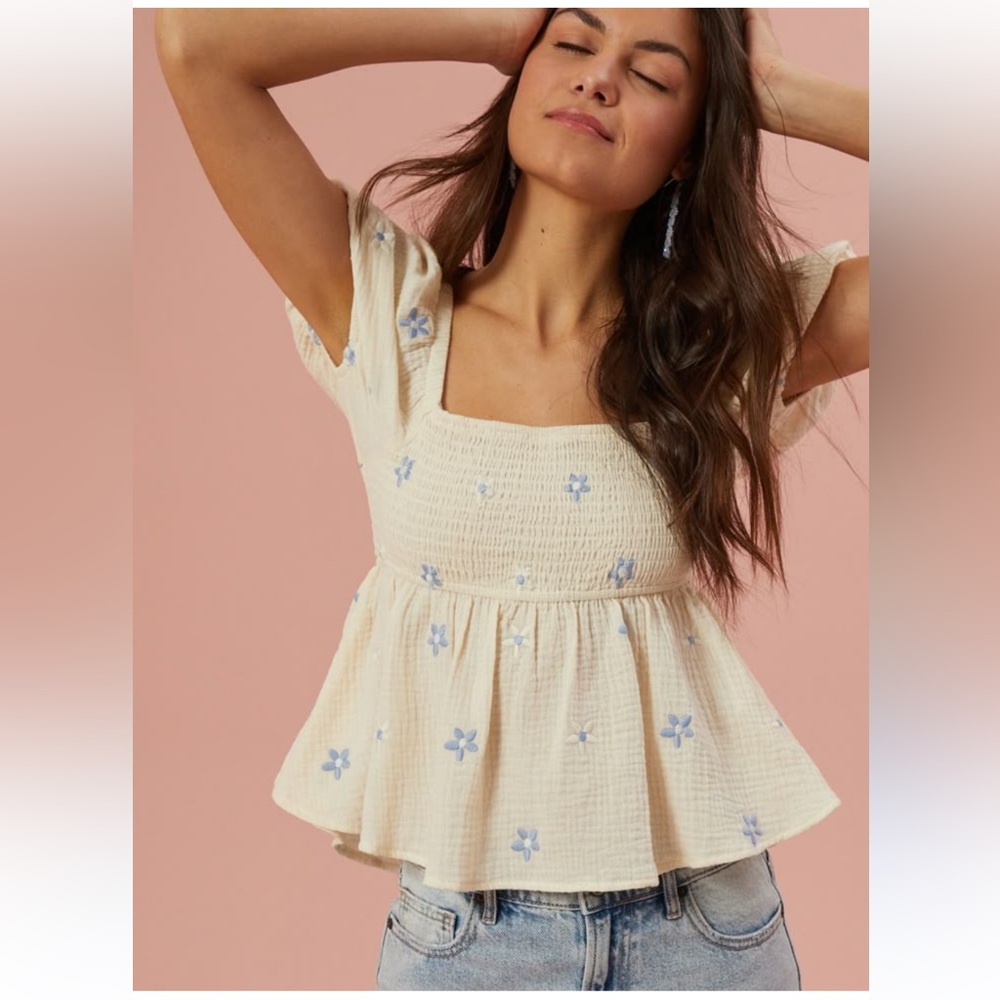 Smocked Square-Neck Peplum Top - Cream with Blue Floral